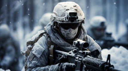 Fototapeta na wymiar Special forces soldier with assault rifle in snowy forest.