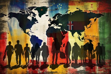 figure of human refugee with suitcases coloring with different world flags of countries