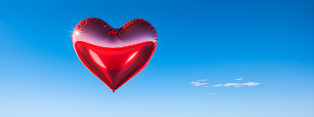 Fototapeta premium Heart shaped red air balloon flying in blue sky. Symbol of love. St Valentine's day concept. Romantic greeting card or banner for birthday party, anniversary, wedding, women's, mother's day
