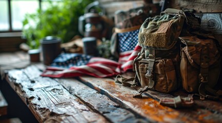 Military equipment on a wooden table.