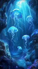 A Group of Jellyfish Swimming in a