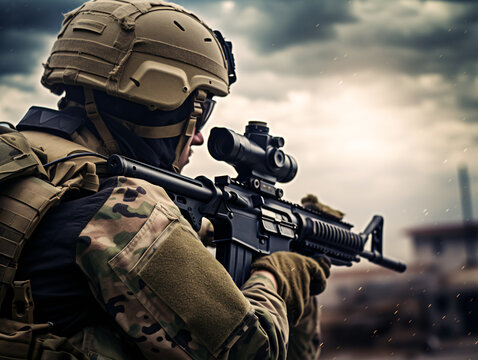 Portrait of a special forces soldier in uniform with assault rifle.