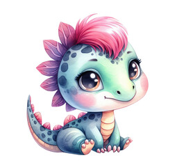 Little baby dinosaur dino isolated on transparent background. Watercolor illustration