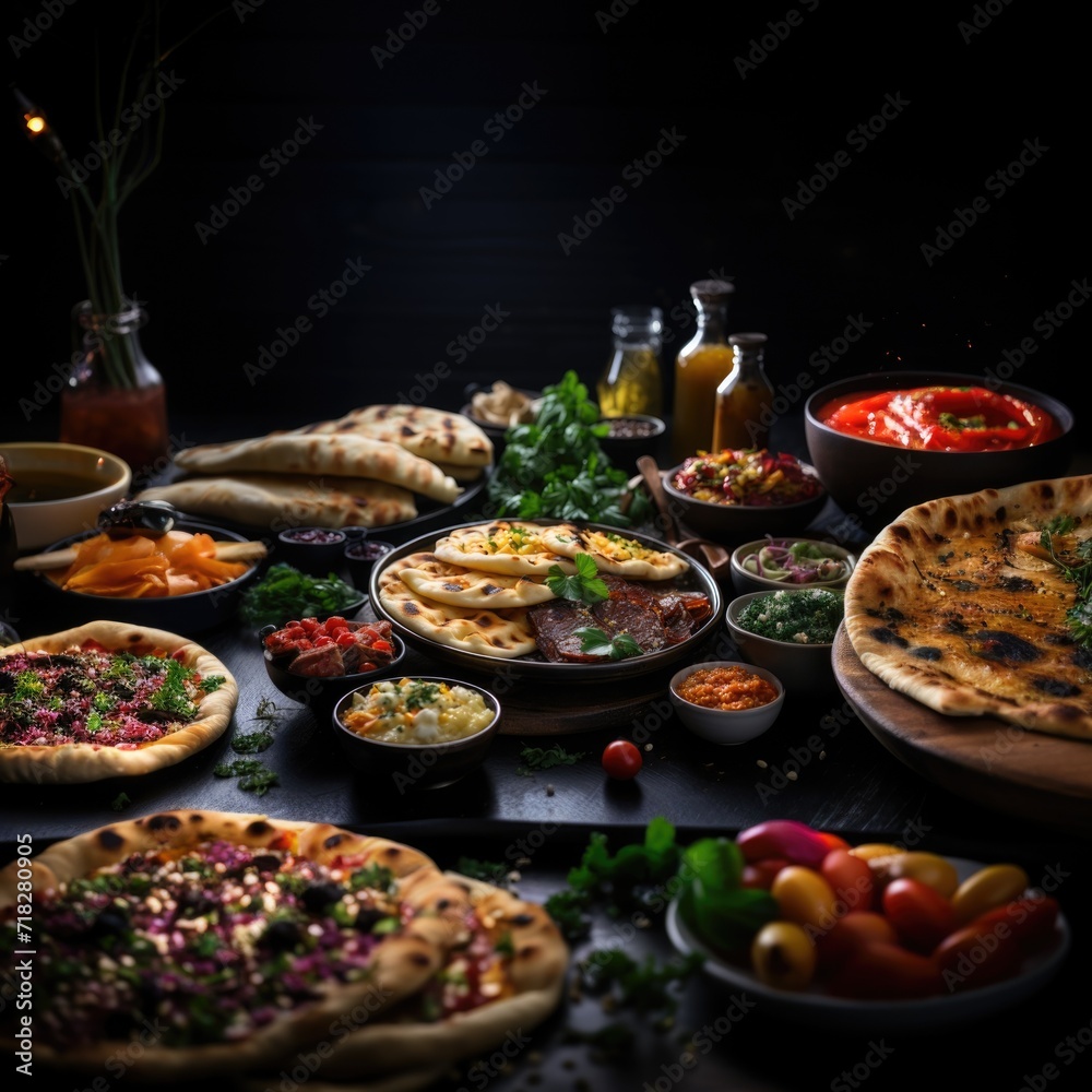 Wall mural a photo of traditional turkish cuisine. pizza. many dishes on the table. generative ai