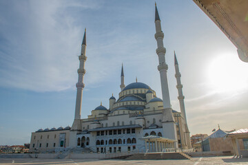 Fototapeta na wymiar Kocatepe Mosque Kocatepe Camii is the largest mosque in Kocatepe quarter in Kizilay in Cankaya District, city of Ankara, Turkey. 