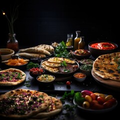 A photo of Traditional Turkish cuisine. Pizza. Many dishes on the table. Generative AI