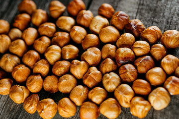 Some nuts of hazelnuts on top wood background. Vintage pastry-shop. Top view	
