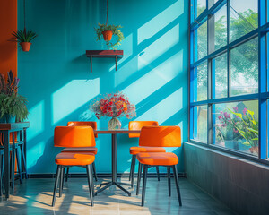 Interior design of restaurant with vivid orange and blue color of furniture. Minimal bright scene with natural light.