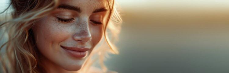 Close-up of a woman to the sunset's golden hour. Woman Enjoying Golden Hour. copyspace for text
