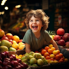 Fototapeta na wymiar Happy child in a fruit shop.