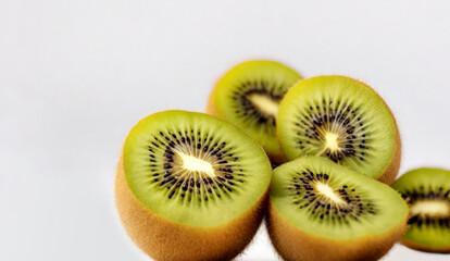 Kiwi on a white background. Cut one kiwi in half. Pieces of kiwi close-up on a white background.