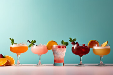 Assorted fruit cocktails in clear glasses against a teal background.