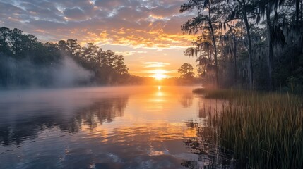 Misty Sunrise Over Bayou Landscape Generative AI