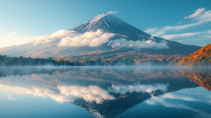 Morning Light on Volcanic Mountain Reflected in Calm Lake Waters Generative AI