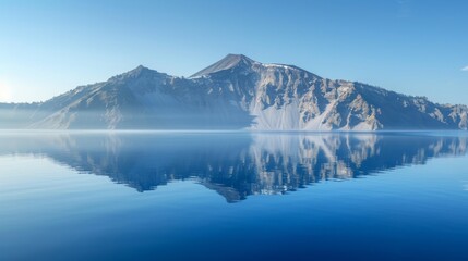 Fototapeta na wymiar Morning Light on Volcanic Mountain Reflected in Calm Lake Waters Generative AI
