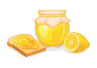 Toasted bread with lemon jam vector illustration. Toast and lemon curd breakfast still life vector. Jam jar with lemons and slice of bread icon isolated on a white background