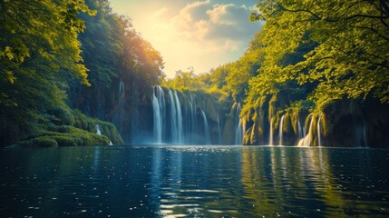 Serene Plitvice Lakes Waterfall Landscape Generative AI