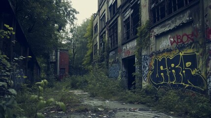 Abandoned industrial building with graffiti on the walls. Concept of urban decay. A stark portrayal...