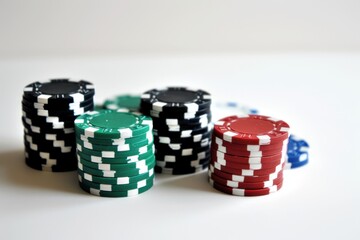 Poker chips isolated on white background. Close up. Casino concept. Casino concept with copy space. Online casino. Gambling concept with copy space.