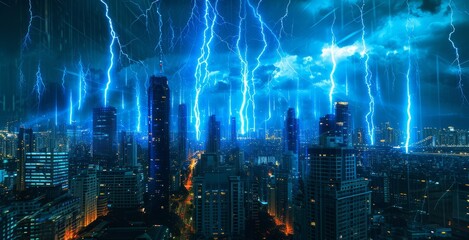 Fototapeta na wymiar Futuristic lightning strikes in the city. Lighting strike in the city. A striking image of electric-blue streaks illuminating a city skyline, symbolizing the surge in electricity demand. 
