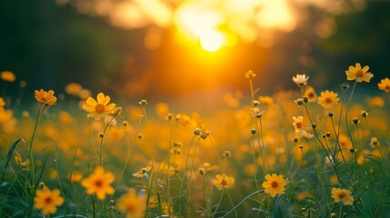 Tranquil Sunset Field Landscape with Yellow Flowers and Grass Meadow Generative AI