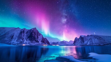 Fototapeta premium Starry Night Winter Landscape with Amazing Aurora Borealis in Lofoten Islands, Norway Generative AI