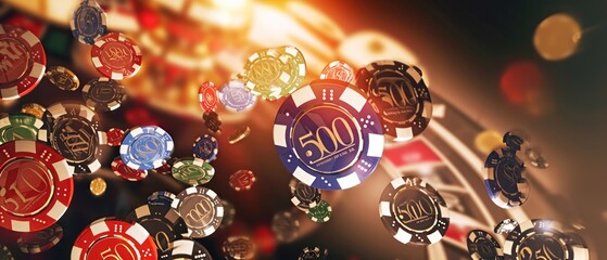 Poker chips flying in the air against casino table. Casino theme. Colorful casino chips and cards on green background. Casino concept with copy space. Online casino. Gambling concept with copy space.