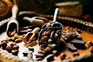 Metal scoop with cocoa beens beside with chocolate nuts, cacao beans on on wood stand.