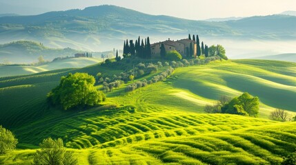 Idyllic Spring Landscape with Green Rolling Hills and Farm Houses in Tuscany Generative AI - obrazy, fototapety, plakaty