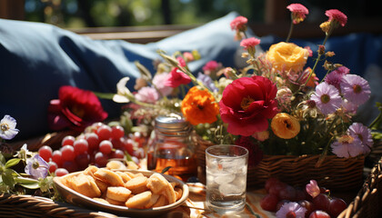 Naklejka na ściany i meble Fresh flower bouquet on wooden table, nature vibrant celebration generated by AI