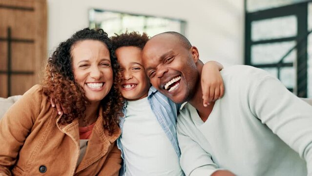 Happy black family, hug and child embrace for love, bonding or holiday weekend together at home. Portrait of African father, mother and kid smile in relax for fun or support in living room at house