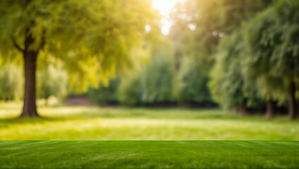 Obraz premium An empty lawn of green grass on a blurred background of a city park on a summer day
