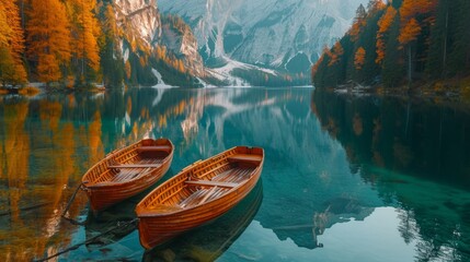 Autumn Landscape of Lago di Braies Lake in Italian Dolomites Mountains Generative AI - obrazy, fototapety, plakaty