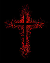 Red religious cross on a black background. bloody cross, hand drawing. Not AI. Vector illustration