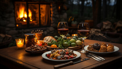 Fototapeta na wymiar Rustic table, candlelight, wineglass, gourmet meal, fresh autumn vegetables generated by AI