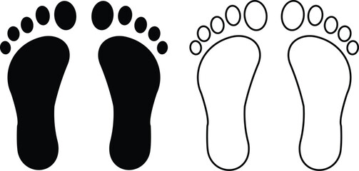 Human footprints icon set. Foot imprint, footsteps flat line black vector collection isolated on transparent background. Human footprints silhouette. Barefoot, sneaker and footstep for web and app.