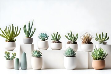 succulents types of small mini plant in modern ceramic nordic vase pot as furniture cutout - obrazy, fototapety, plakaty