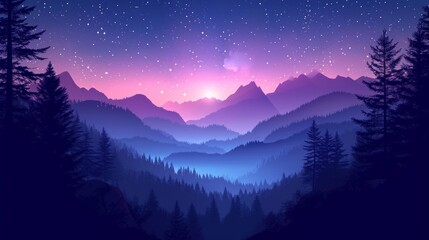Fototapeta na wymiar Mystical Blue and Purple Landscape with Silhouettes of Mountains, Hills, Forest, and Stars in the Sky Generative AI
