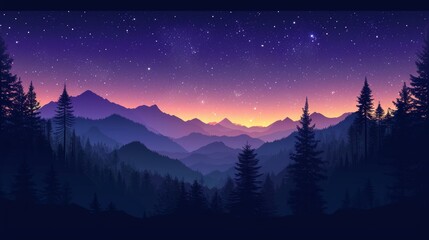 Fototapeta na wymiar Mystical Blue and Purple Landscape with Silhouettes of Mountains, Hills, Forest, and Stars in the Sky Generative AI
