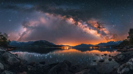 Foto auf Acrylglas Stunning Panoramic View of Bright Milky Way over Lake at Night Generative AI © AlexandraRooss