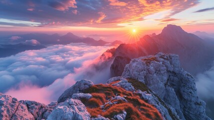Stunning Sunrise Views from Mangart Peak Above Clouds Generative AI