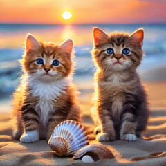 two cats, Two cute kittens, Two cats on the beach with yellow balls, Cute kittens in the snow, Cute kitten over sand beach, Generative AI
