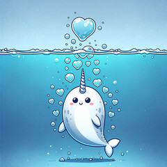 Happy narwhal underwater with heart shaped bubbles floating up. 