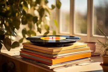 A collection of vintage vinyl records arranged in a stack with a retro record player and headphones on a wooden table
 - obrazy, fototapety, plakaty