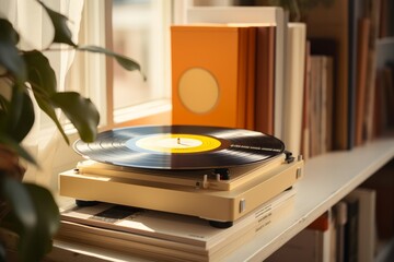 A collection of vintage vinyl records arranged in a stack with a retro record player and headphones on a wooden table
