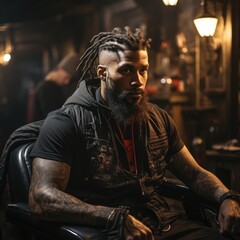 Obraz premium Stylish tattooed barber makes haircut to a black body man Generative AI