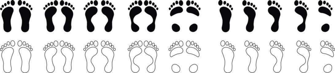 Human footprints icon set. Foot imprint, footsteps flat line black vector collection isolated on transparent background. Human footprints silhouette. Barefoot, sneaker and footstep for web and app.