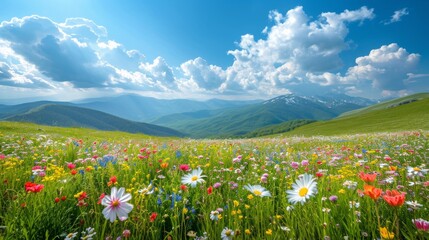Idyllic Mountain Landscape with Fresh Green Meadows and Blooming Wildflowers Generative AI