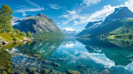 Panoramic View of Lovatnet Lake in Norway Generative AI