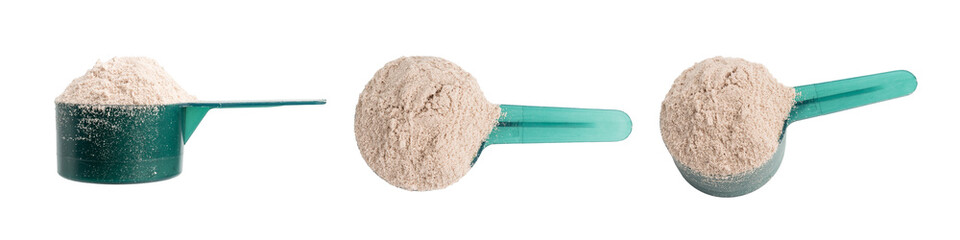 Group of whey or soy protein powder in a plastic measuring spoon, collage isolated on white background